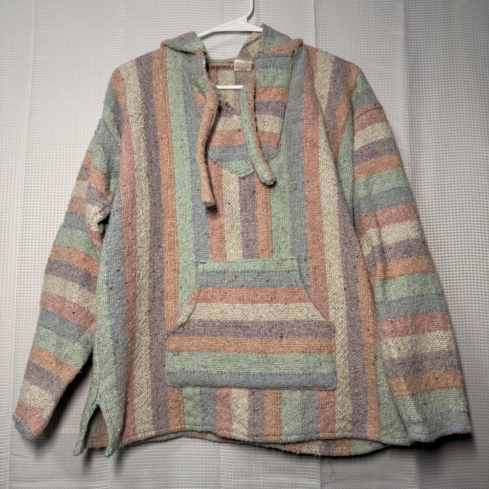 Artesanias‎ Baja Hoodie Medium Multicolor Pastel Striped Woven Mexican Poncho